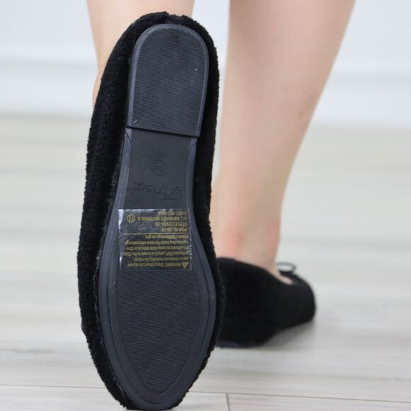 Black Ballet Flats Bow Detail Rounded Toe Slip-On Sherpa Upper - Picture 9 of 13